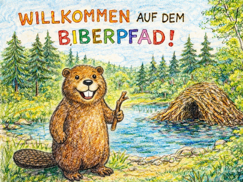Zeichnung mit Bundtstifen von Biber vor einem See
