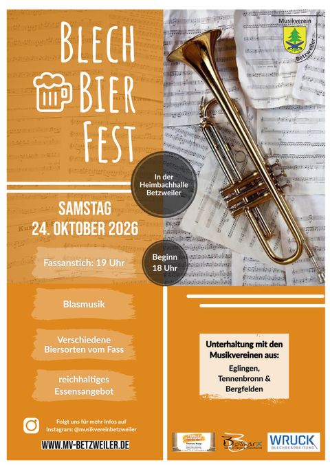 Trompete mit Notenblättern auf Veranstaltungsplakat