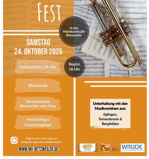 Trompete mit Notenblättern auf Veranstaltungsplakat